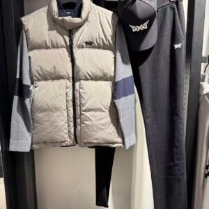 PXG 남성 골프웨어 상의 25년 겨울 스탠드 칼라 로고 컬러블록 보온 오리다운 조끼