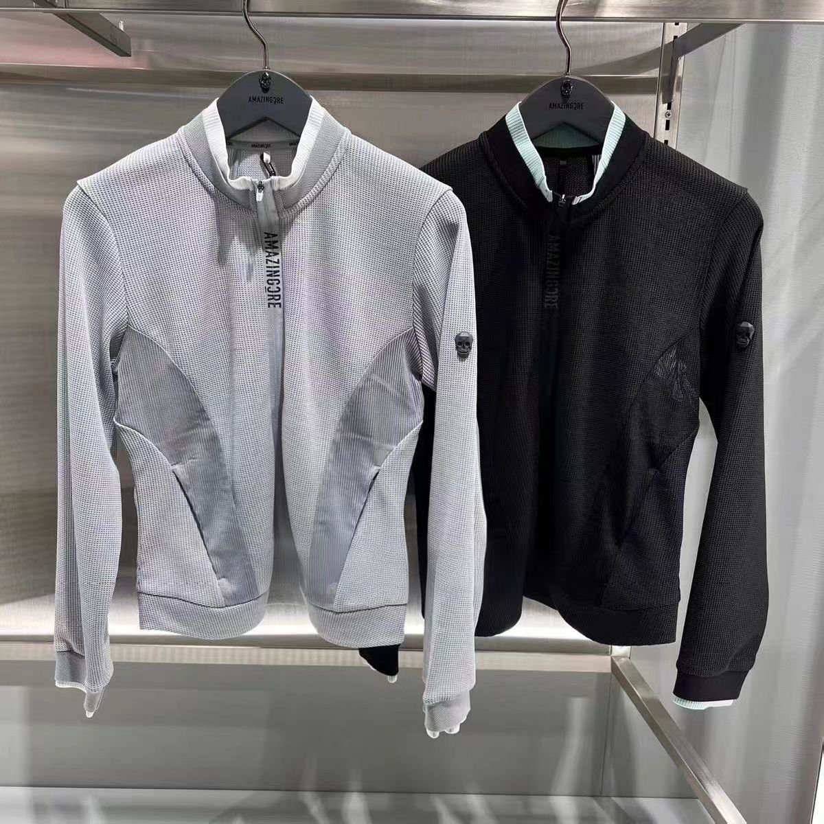 Amazingcre 여성 26년 가을 신상 골프 캐주얼 상의, 모든 스타일에 어울리는 긴팔 지퍼 재킷 외투, 고급스러운 스탠드 칼라 슬림핏