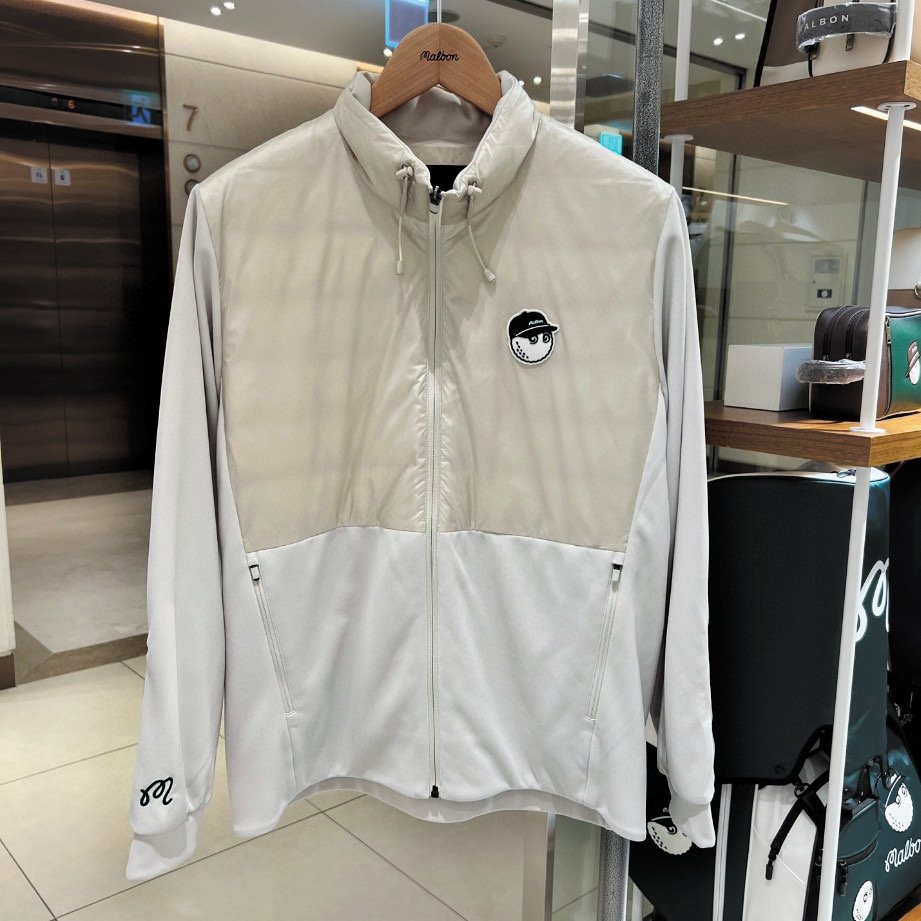 MALBON 골프웨어 남성용 25년 겨울 모델 스탠드 칼라 로고 패치워크 다운 롱슬리브 자켓