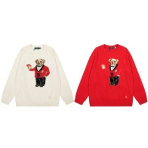 Ralph Lauren 2026년 유럽·미국 가을겨울 신상 면 중공 카툰 베어 라운드넥 캠퍼스 스타일 동안 효과 다용도 매치 여성용 니트