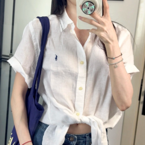 Ralph Lauren 스캔 가능 리넨 반소매 폴로 셔츠 포니 자수 티셔츠 여성 슬림 핏