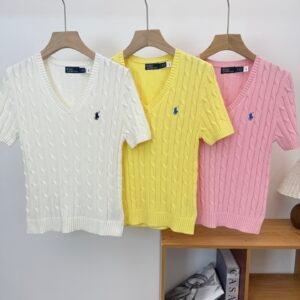 Ralph Lauren 클래식 스타일 V넥 꼬임니트 말 자수 여성 반팔