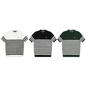 Ralph Lauren 가는 줄무늬 브이넥 아이스 니트 폴로 칼라 반팔 티셔츠