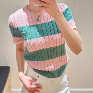 Ralph Lauren 클래식 스트라이프 반팔 크루넥 케이블 니트 티셔츠