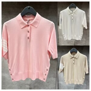 Amazingcre 여름 신款 여성 폴로 니트 반팔 티셔츠, 편안한 4줄 디테일 반팔